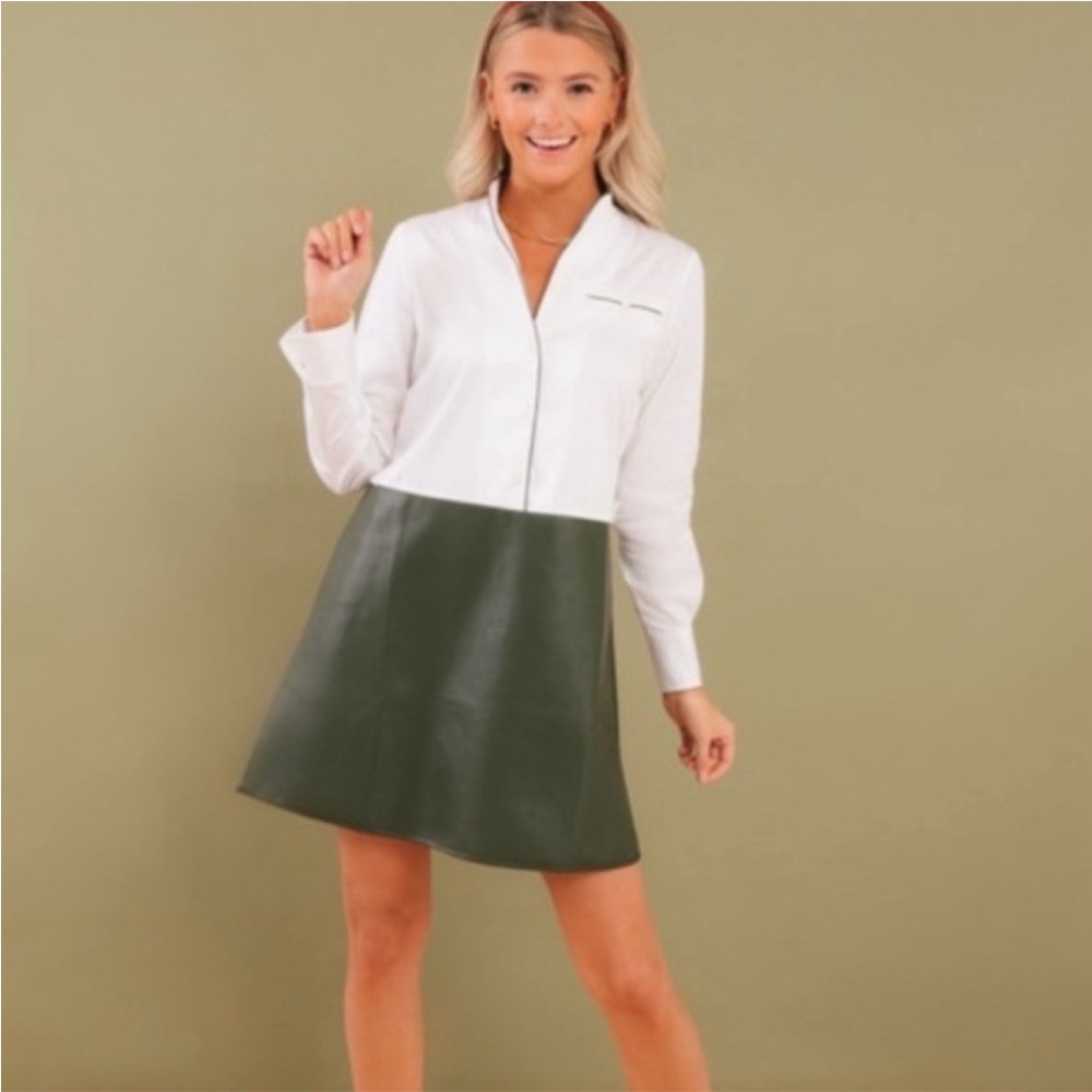 Tuckernuck Delphine hunter green leather shirt dress. BNWT